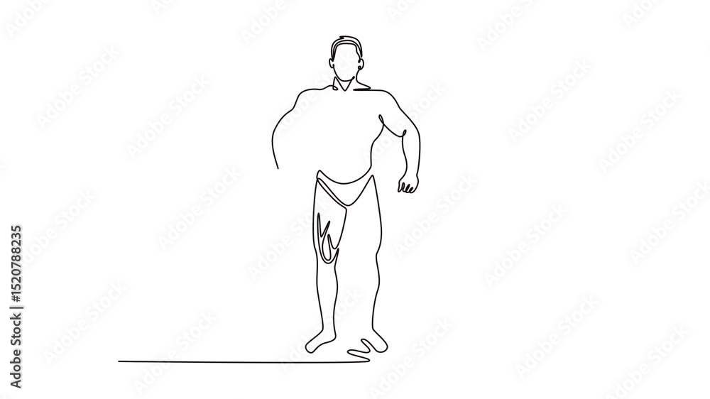 Poster animated self drawing continuous line draw active shirtless muscular man doing classic bodybuilding 