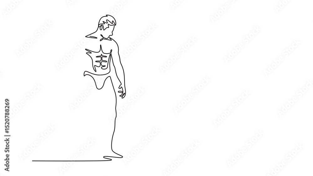 Poster animated self drawing of continuous line draw bodybuilder posing in different pose demonstrating the