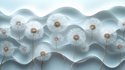 Delicate dandelion seeds gracefully swaying against a soft, wavy backdrop, evoking a sense of tranquility and natural beauty.