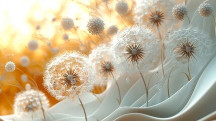 Whimsical Dandelion Seeds Dancing in a Soft Breeze Against a Warm, Dreamy Background, Perfect for Nature and Wellness Themes.