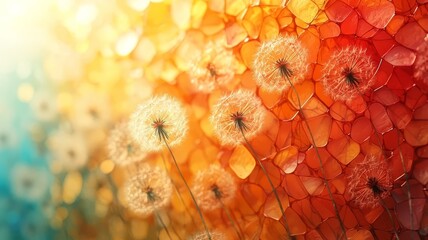 Vibrant dandelion seeds against a colorful abstract background, capturing the essence of natures beauty and tranquility for creative projects.