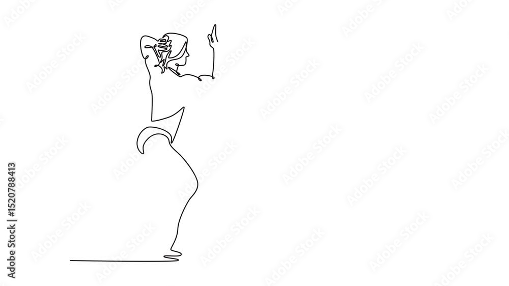 Poster animated self drawing of continuous line draw side view of muscular female bodybuilder posing with a