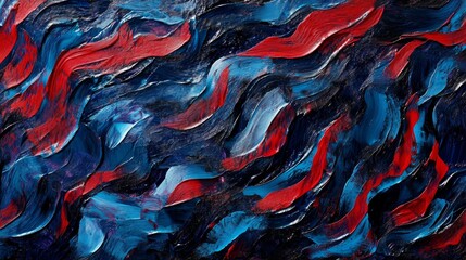 Abstract painting with flowing red white and blue brushstrokes creating a dynamic pattern.