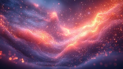 Vibrant cosmic swirl of glowing particles and ethereal waves, creating a mesmerizing abstract background for digital art and design projects.