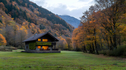 Autumnal Mountain Cabin In Forest Landscape