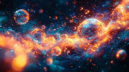 Vibrant cosmic scene featuring glowing orbs and swirling nebulae, evoking a sense of wonder and exploration in the universe.
