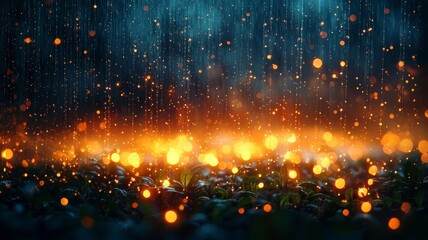 Enchanting rain-soaked landscape with glowing embers, creating a mystical atmosphere perfect for fantasy and nature-themed projects.