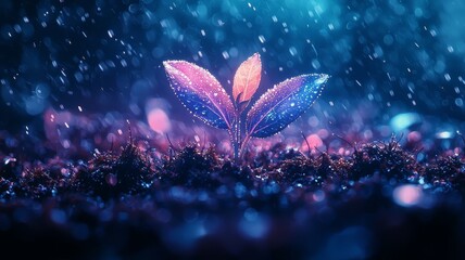 Vibrant seedling emerging in a mystical rain-soaked environment, showcasing resilience and growth amidst colorful droplets and rich soil.