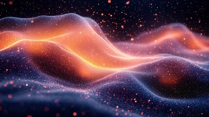 Abstract glowing waves with vibrant orange and blue hues, creating a dynamic and immersive visual experience, perfect for tech and creative projects.