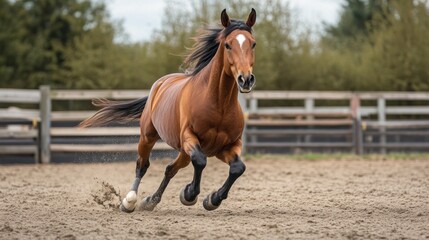 Brown horse galloping in arena