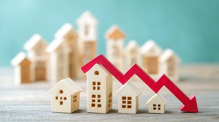 Declining housing market trends: Miniature houses with red downward arrow indicating property value decrease and real estate investment challenges