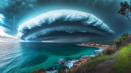 Dramatic storm cloud formation over ocean with green shoreline and turquoise water.