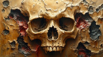 Intricate skull sculpture with textured background, showcasing a blend of decay and artistry, perfect for gothic or horror-themed projects.