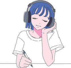 ヘッドホンを聴きながら頬杖をついて勉強する女の子の手書きイラスト