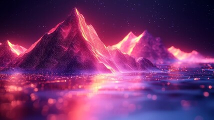 Vibrant neon mountains reflecting in tranquil waters, creating a surreal landscape that captivates with its dreamlike beauty and modern aesthetic.