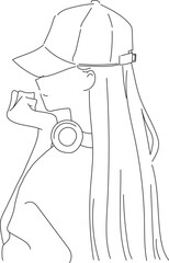 帽子を被ってヘッドフォンをしたロングヘアの女性のイラスト白黒