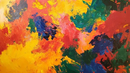 Abstract painting with vibrant colors including yellow blue green orange and red.