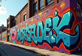 vibrant street art mural urban expression graffiti colorful paint brick buildings creative designs, texture, vivid, canvas, scene, public, decor, beauty