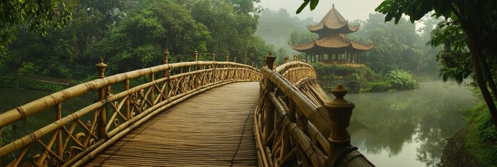 Wooden bridge over water leading to a pagoda surrounded by green trees.