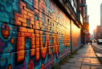 Fototapeta premium vibrant street art urban colorful mural graffiti brick wall creative expression cityscape urban artistry, design, artwork, painting, textures, pattern