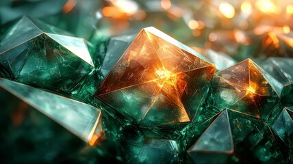 Vibrant green and orange crystalline formations reflecting light, showcasing intricate textures and depth, perfect for luxury and nature-themed designs.