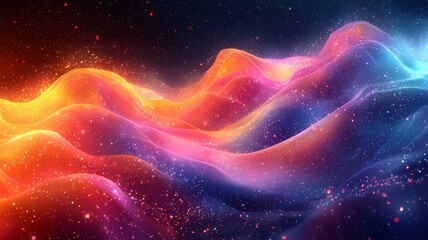 Vibrant cosmic waves in a mesmerizing blend of orange, blue, and purple hues, creating a dynamic and ethereal atmosphere perfect for digital backgrounds.