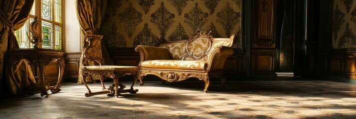 Ornate furniture in a room with patterned wallpaper and natural light.