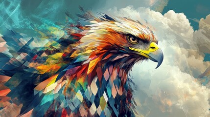 Colorful eagle illustration with blurred edges against a cloudy sky background.
