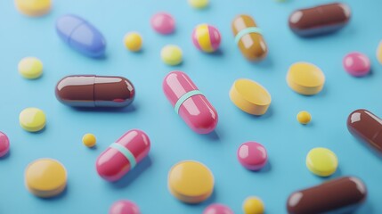 Sweet lollipop and colorful chocolate candy pills on blue background