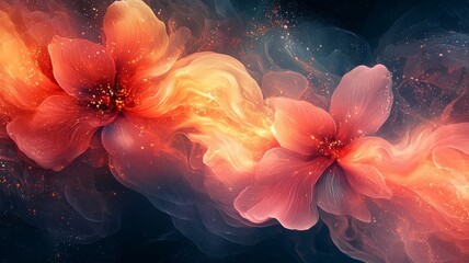 Vibrant abstract floral design featuring glowing orange flowers amidst a dreamy, ethereal background, perfect for modern decor or branding.