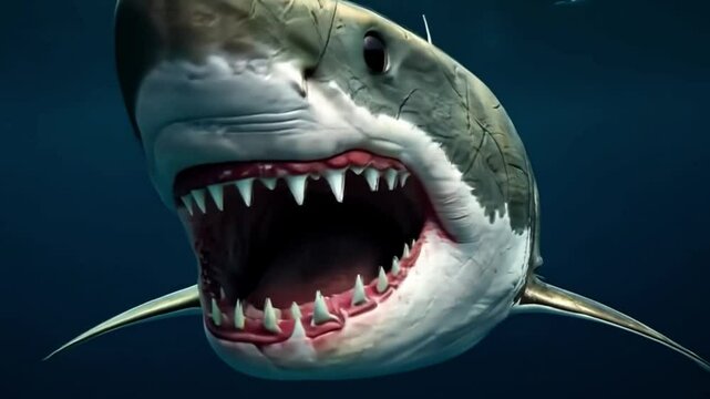 The shark is looking for prey by opening its mouth, showing sharp teeth and has black background footage