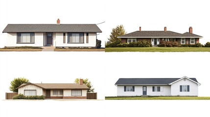 Four suburban ranch-style homes, side-by-side,  differing in siding and architectural details, on a white background