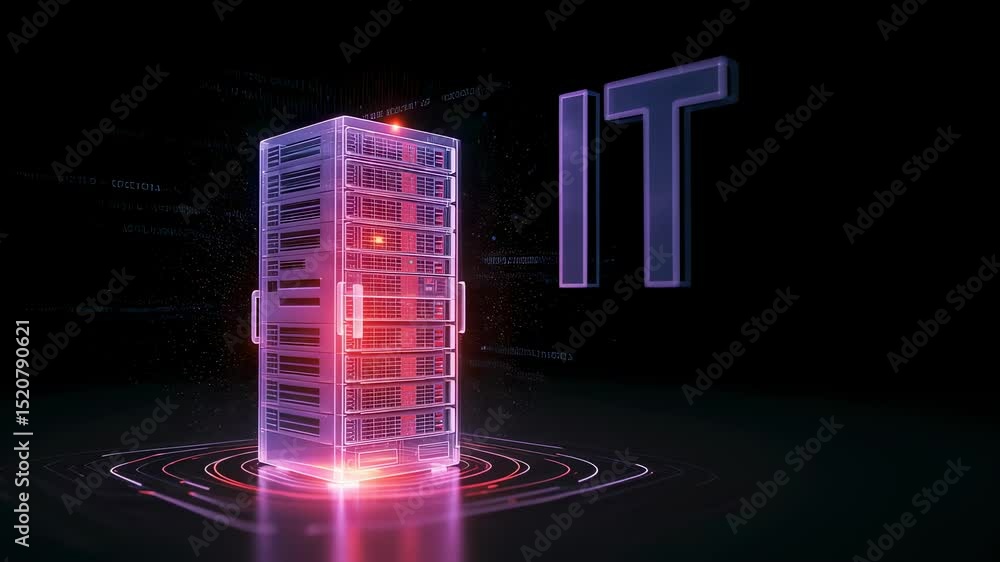 Poster computer server rack with glowing data flow and it text. information technology and industrial data 