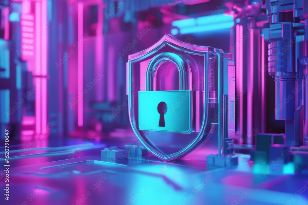 Poster cyber security concept featuring a digital padlock and shield in an abstract neon environment, inter
