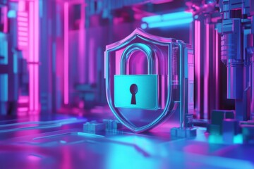 Cyber security concept featuring a digital padlock and shield in an abstract neon environment, Internet account with padlock and shield Cyber security and privacy concept 3D render