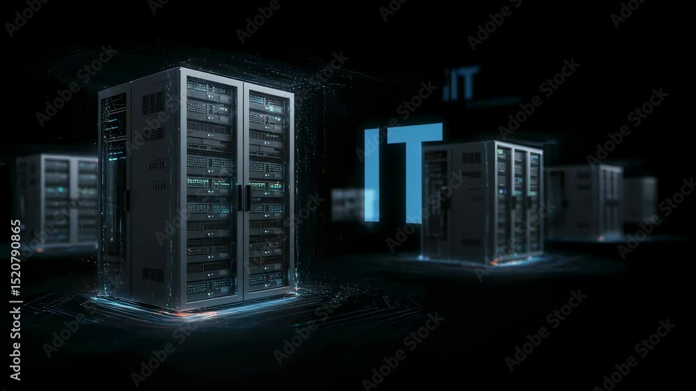 Poster server racks in a dark data center connected by digital lines. big data and information technology c