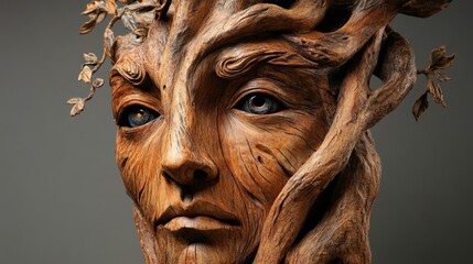 Obraz premium Wooden sculpture of a woman's face with tree branches and leaves.