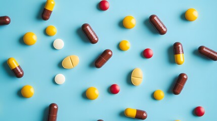 Sweet lollipop and colorful chocolate candy pills on blue background