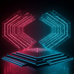 Neon geometric shapes on a platform