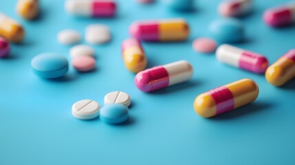 Sweet lollipop and colorful chocolate candy pills on blue background