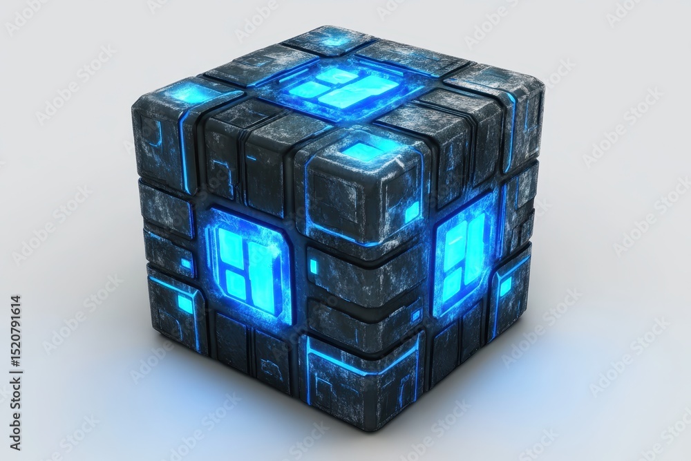 Poster moving blue blocks within a futuristic cube showcasing sci fi technology and design, cube with blue 