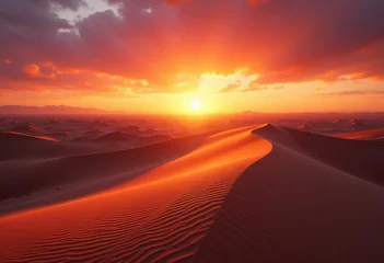 Fototapete Rund vibrant sunset over arid desert dunes scenic landscape bold color palette textured sand patterns, terrain, sky, cloud, horizon, view, cliff, elevation © Yaroslava