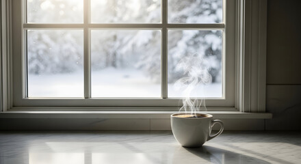 A steaming cup of coffee sits by a window, overlooking a winter wonderland.