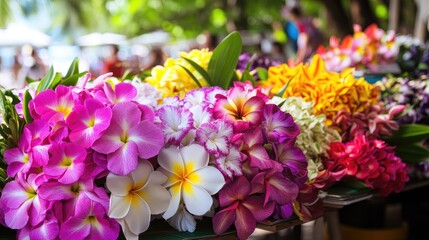 Colorful Tropical Flowers Displayed at Outdoor Market in Sunshine