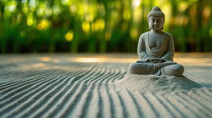 Peaceful statue of buddha on a sand raked surface.