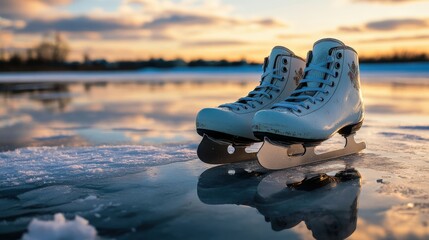 Ice skates resting on a frozen lake at sunset.