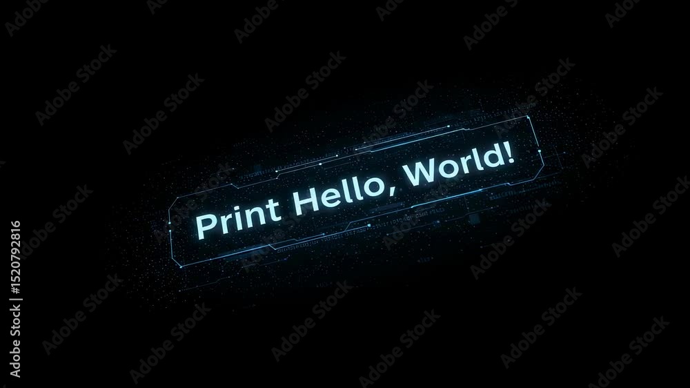 Poster Print hello world text on a blue digital display. Coding and programming concept. Technology development and software engineering footage.