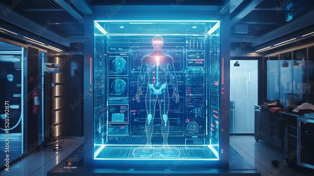 Poster advanced ai body scan technology displayed in futuristic lab environment with intricate holographic 