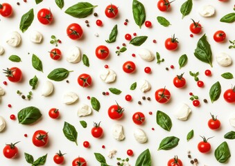 A flatlay of cherry tomatoes, mozzarella balls, basil leaves, and peppercorns arranged on a white background in a repeating pattern