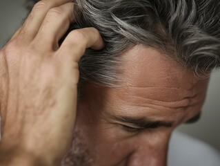 Fototapeta premium Close-up of a man scratching his head, expressing confusion or contemplation in a thoughtful moment.